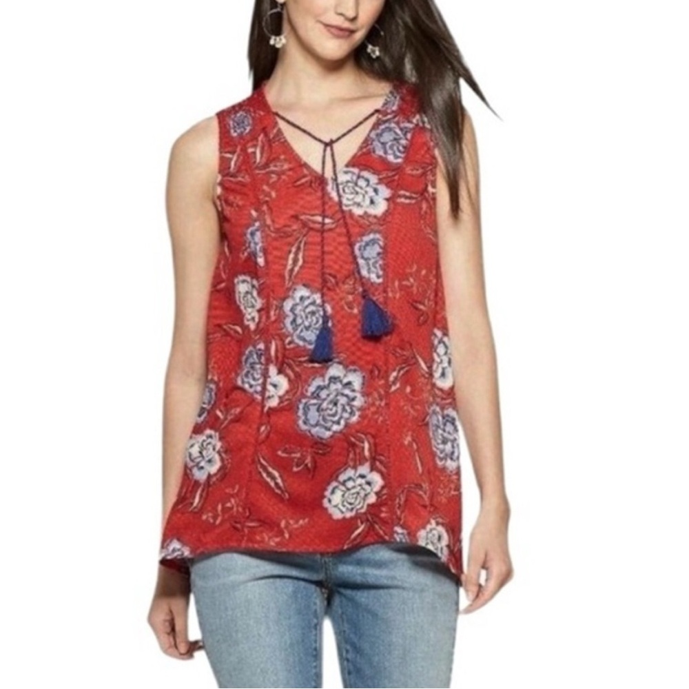 Knox Rose Red Floral V‑Neck Tassel Tie Tank